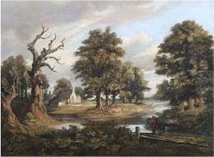 Wooded River Landscape With Cottage And Angler by William Henry Crome