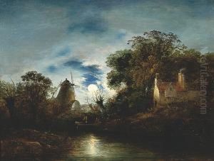 An Angler Before A Windmill By Moonlight by William Henry Crome