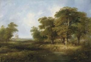 Figures By A Cottage In A Wooded Landscape, A Windmill Beyond by William Henry Crome