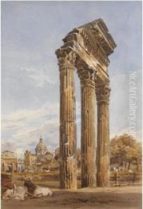 The Forum, Rome: The Remains Of 
The Temple Of The Dioscuri With The Church Of Santa Martina And San Luca
 Beyond by Thomas Hartley Cromek