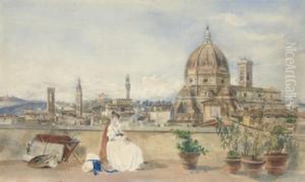 The Artist's Wife Admiring The
Skyline Of Florence With The Bargello, Badia, Forte Belvedere, Palazzo
Vecchio, Duomo And Campanile, From A Roof Terrace On The Via Dei Servi - view 1