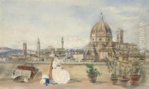 The Artist's Wife Admiring The
Skyline Of Florence With The Bargello, Badia, Forte Belvedere, Palazzo
Vecchio, Duomo And Campanile, From A Roof Terrace On The Via Dei Servi by Thomas Hartley Cromek