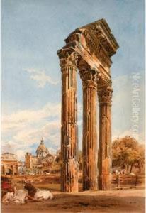 In The Forum, Rome: The Remains 
Of The Temple Of The Dioscuri And The Church Of Santa Martina And San 
Luca Beyond by Thomas Hartley Cromek