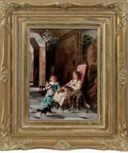 Spielende Madchen Mit Hunden by Luigi Crosio