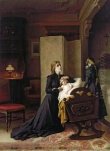 Mutter Und Tochter An Der Wiege by Luigi Crosio