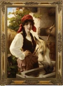Italienisches Bauernmadchen Mit Ihrem Pferd Am Brunnen by Luigi Crosio