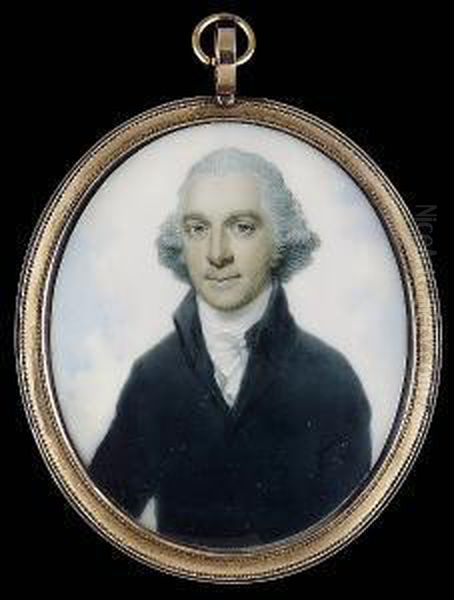A Gentleman, Wearing High
Collared Dark Green Coat, Matching Waistcoat And Frilled White Cravat,
His Hair Powdered - view 1