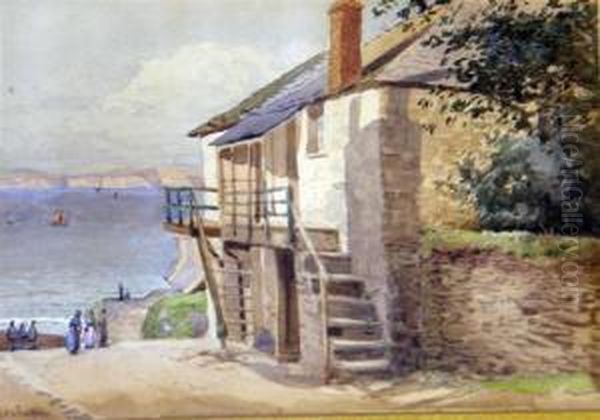 Street Scene In A Coastal Village With Figures, Sea And Cliffs In Thedistance - view 1