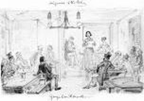 Watercolour Sketch For His 
Etching 'the Ragged School, In West Street (late Chick Lane) 
Smithfield', Showing A Turmoil Of Young Children Under Instruction; With
 A Self-portrait In The Margin, Cruikshank's Later Signature In Ink; 
Together With An I - view 1