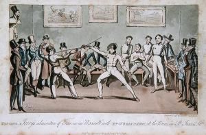 Fencing - Jerry's Admiration Of 
Tom In An Assulat With Mr O'shaunessy, At The Rooms In St James's St. by I. Robert and George Cruikshank