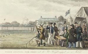 Pigeon Shooting. -tom, Jerry, And The Fat Knight, Engaged In A Match. by I. Robert and George Cruikshank