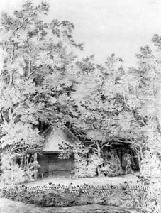A labourer approaching a thatched pavilion in a garden by John Constable
