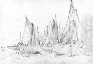 Beached fishing smacks at low tide, Brighton, with fishermen sorting their nets in the foreground by John Constable