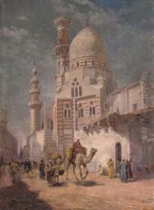 A Bustling Street Before A Cairo Mosque