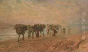 A Camel Train On The Banks Of The Nile by Karoly Cserna