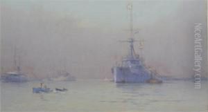 British Battleships Moored Off The Coast