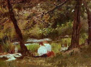 Two Women Seated By A Woodland Stream