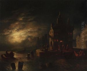 Harbour View At Night With Figures At The Quay by Johann Mongels Culverhouse