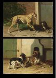 A Greyhound And A Shepherd Dog; A King Charles Spaniel And A Drentse Partridge Dog by Conradyn Cunaeus