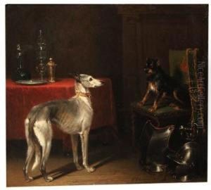 Gun Dogs In A 17th Century Interior by Conradyn Cunaeus
