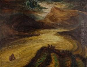 Cuningham , Oil On Canvas,modernist Study, Boat On A Mountain Lake, Signed, 22" X 28" by Vera Cunningham