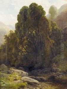 Sonnige Landschaftspartie Mit Angler An Bach. by James Jackson Curnock