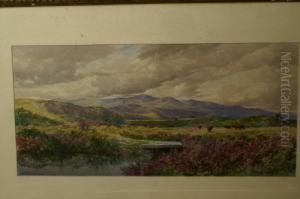 Extensive Landscape With Heather, Cattle And Figures by James Jackson Curnock