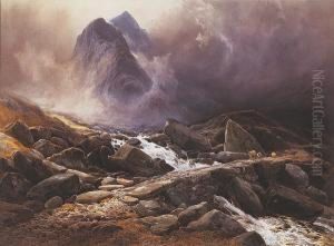 "idwal Stream, North Wales", 
Sheep Crossing A Stone Bridge With Snowdon In The Mists Behind