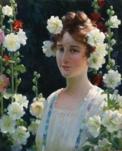 Among The Hollyhocks by Charles Curran