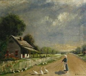 Cottage Scene With A Girl Tending Ducks by Edward Wilson Currier
