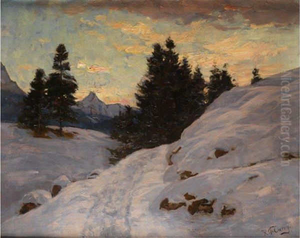 Verschneite Gebirgslandschaft Mit Wolkigem Abendhimmel - view 1