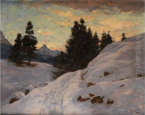 Verschneite Gebirgslandschaft Mit Wolkigem Abendhimmel by Robert Franz Curry