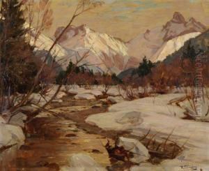 Bachlauf Vor Verschneitem Bergpanorama by Robert Franz Curry