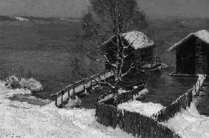 R.f. "badehutten Im Winter". Sign.,
 Rucks. Auf Altem Klebezettel Betitelt. Ol Auf Lwd. 52 X 78 Cm.
 Rahmen