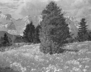 R. F. "almwiese Mit Blick Auf Die Alpspitze". Sign. Ol Auf Lwd. 80,5 X 101 Cm. Rahmen by Robert Franz Curry