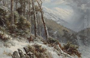 A Wintry Mountainous Landscape With A Horseman On A Path by James Waltham Curtis