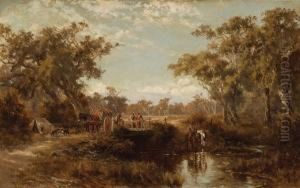Woodcarter And Figures On A Bridge by James Waltham Curtis