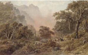 Bushfire; And Australian Landscape With Travellers Resting On A Track by James Waltham Curtis
