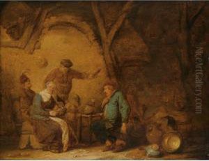 Peasants Smoking And Drinking In
 An Inn, A Still Life Of Earthenware Pots And A Copper Bowl To The Right