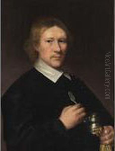 A Portrait Of A Dentist, Aged 
35, Half Length, Wearing A Black Coat With White Collar, Holding A 
Silver Tongue-spatula In His Right Hand, And A Silver Box Under His Left
 Arm - view 1