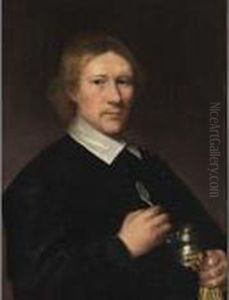 A Portrait Of A Dentist, Aged 
35, Half Length, Wearing A Black Coat With White Collar, Holding A 
Silver Tongue-spatula In His Right Hand, And A Silver Box Under His Left
 Arm