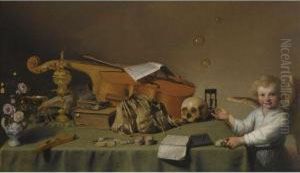 A Vanitas Still Life With An Angel Blowing Bubbles by Jacob Gerritsz. Cuyp