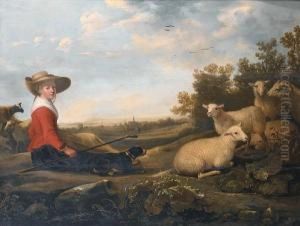 A Shepherdess With Her Sheep In An Extensivelandscape, A View To A Town Beyond