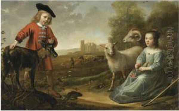 Portrait Of A Young Boy And A 
Young Girl With A Goat And Two Sheepin An Italianate Landscape, A 
Herdsman With His Cattle By Ruinsbeyond - view 1