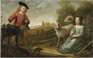 Portrait Of A Young Boy And A 
Young Girl With A Goat And Two Sheepin An Italianate Landscape, A 
Herdsman With His Cattle By Ruinsbeyond