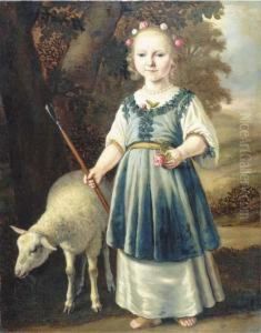 Portrait Of A Young Girl Dressed
As A Shepherdess, In A White Dresswith A Light Blue Pinafore Set With
Leaf Motifs, A Pearl Necklace,her Hair Set With Roses, In A Landscape
With A Sheep by Jacob Gerritsz. Cuyp