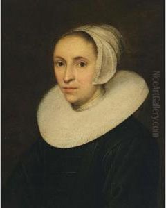 A Portrait Of A Lady, Aged 42,
Bust Length, Wearing A Black Dress With A White Lace Millstone Collar
And A White Cap by Jacob Gerritsz. Cuyp
