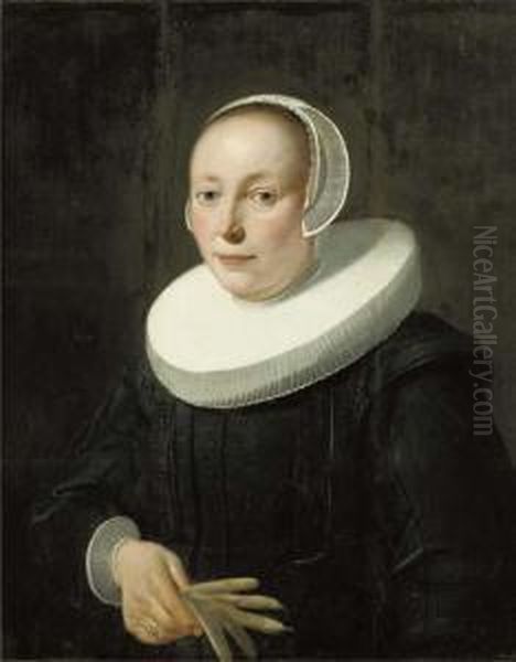 Portrait Of A Lady, Half-length,
 In A Black Dress And Molenkraag, Awhite Bonnet, And Lace Cuffs, A Pair 
Of Gloves In Her Righthand - view 1