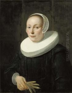 Portrait Of A Lady, Half-length,
 In A Black Dress And Molenkraag, Awhite Bonnet, And Lace Cuffs, A Pair 
Of Gloves In Her Righthand