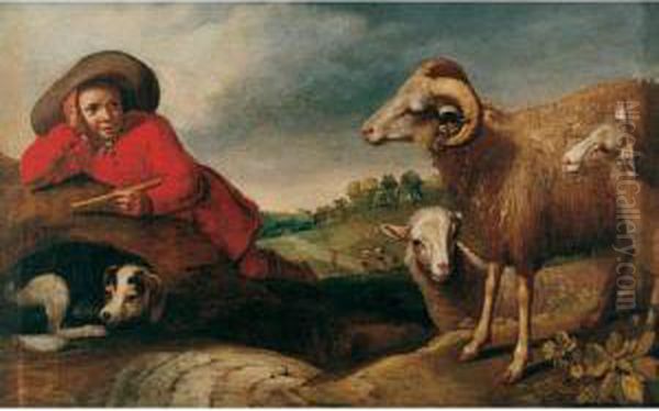 A Young Shepherd Boy With His Flock - view 1
